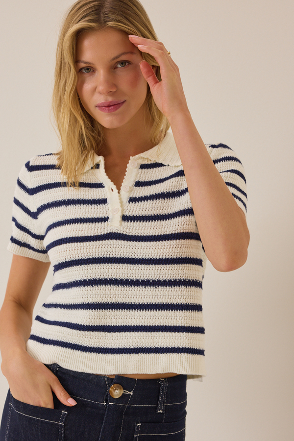 Bowie Stripe Knit Polo Detail 2 - Altar'd State