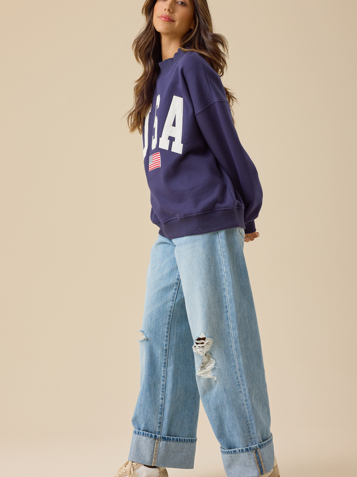 USA Embroidered Mock Neck in Navy | Altar'd State