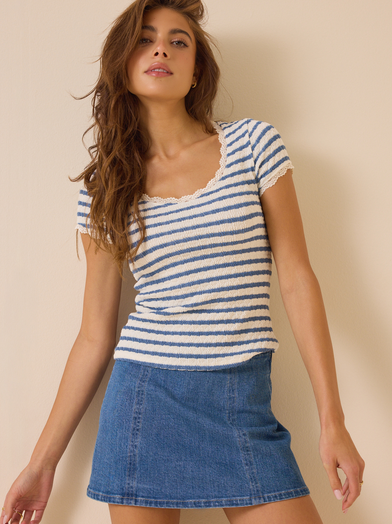 Shivani Striped Lace Trim Tee in Ivory & Blue | Altar'd State