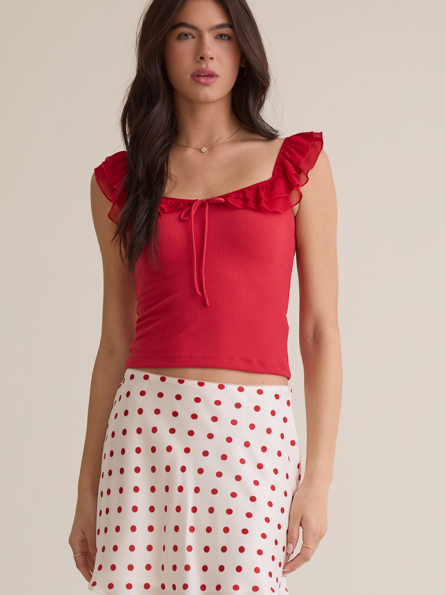 Maeve Polka Dot Satin Mini Skirt in White & Red | Altar'd State