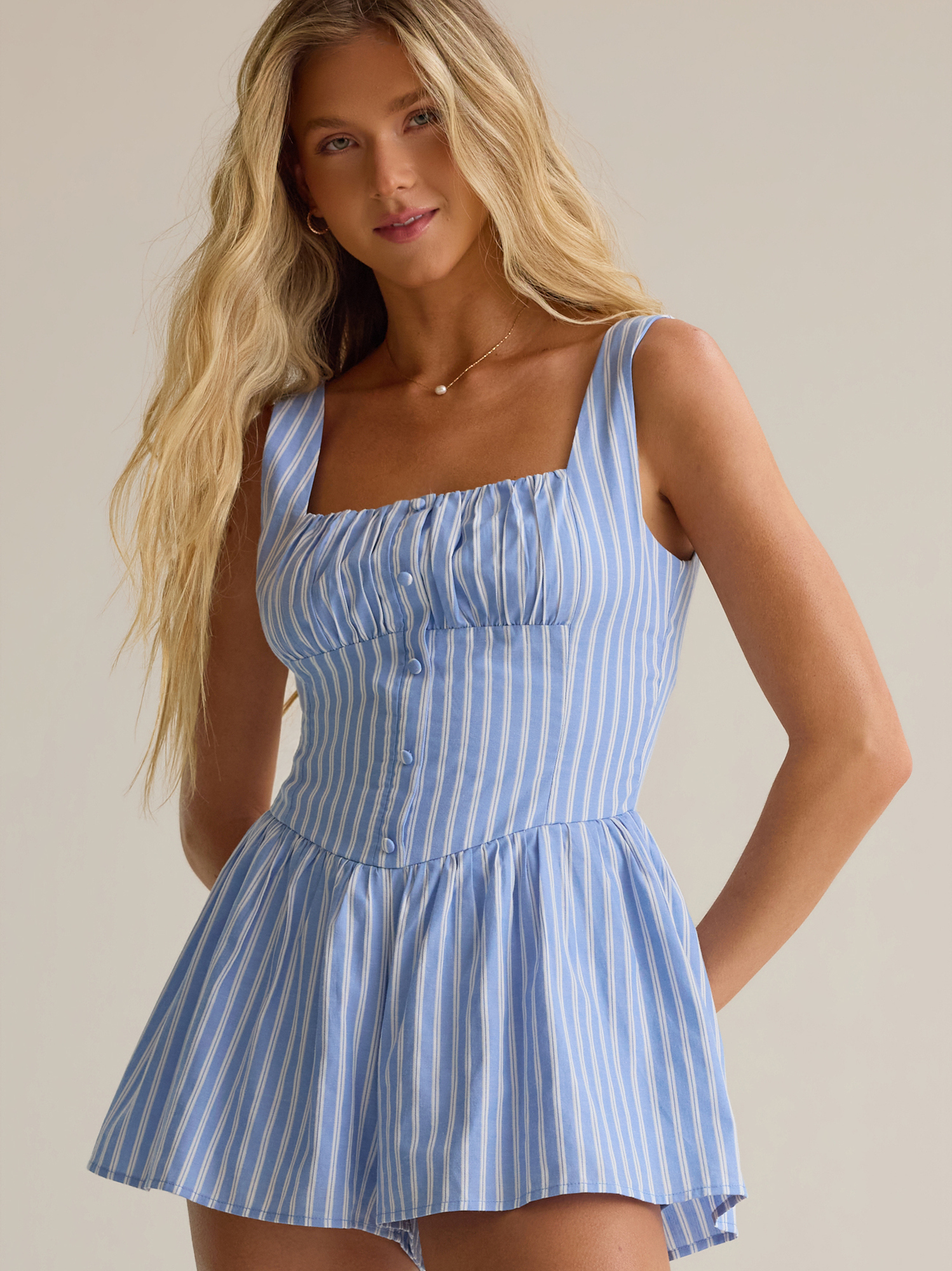 Nia Stripe Button Romper in Blue & Ivory | Altar'd State