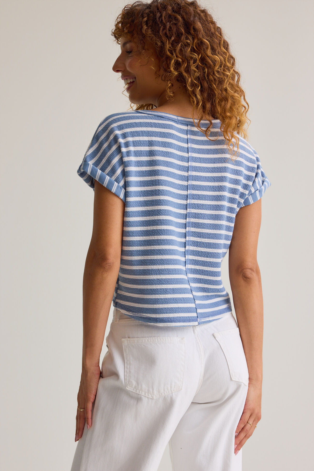 Hattie Stripe Roll Sleeve Crew