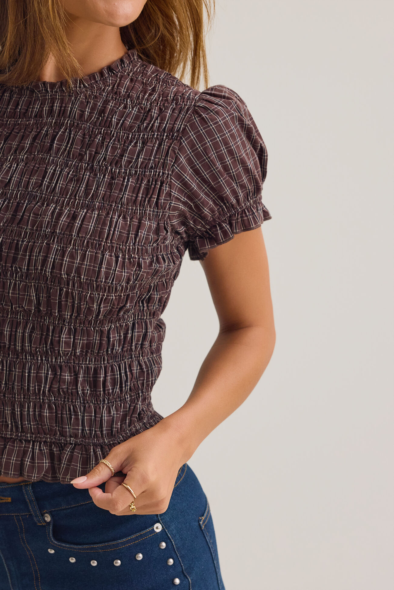 Vespera Plaid Smocked Top
