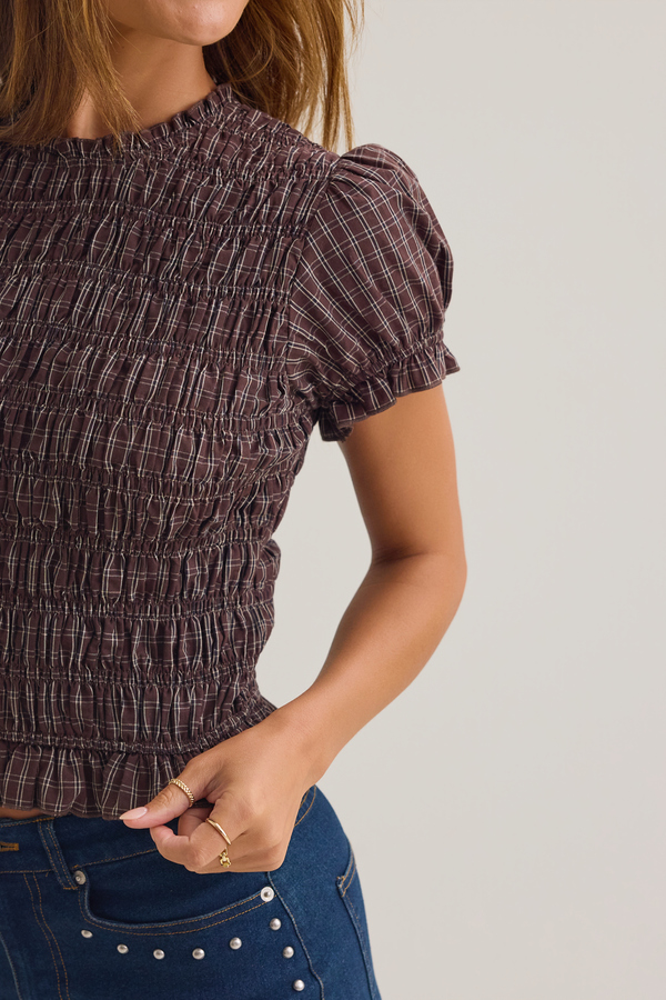 Vespera Plaid Smocked Top Detail 2 - Altar'd State