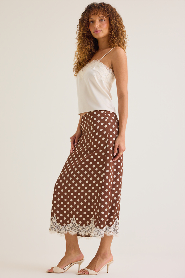 Lynlee Polka Dot Satin Lace Trim Skirt Detail 4 - Altar'd State