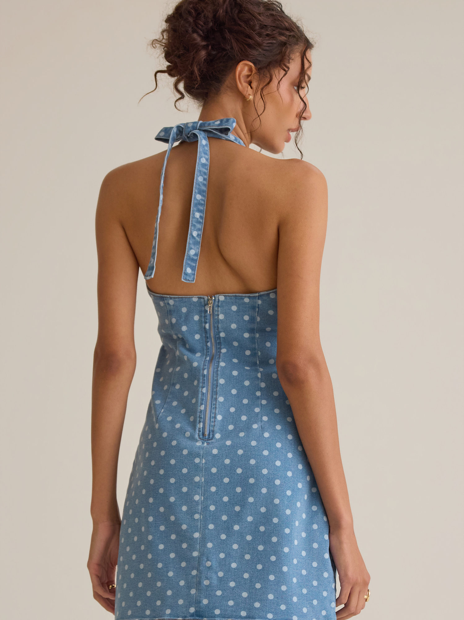 Coi Halter Denim Mini Dress in Light Wash | Altar'd State