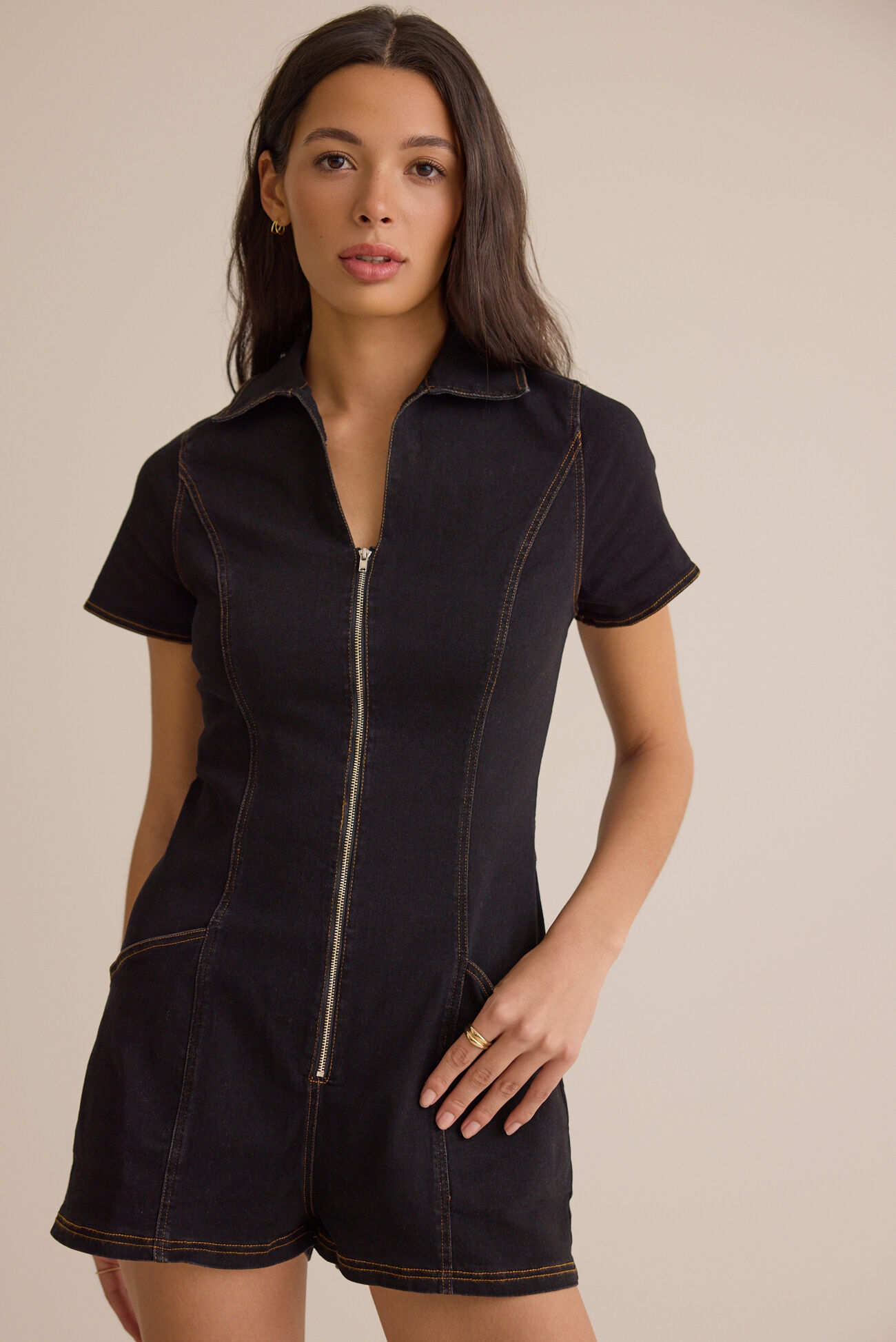 Kyleigh Zip-Up Denim Romper
