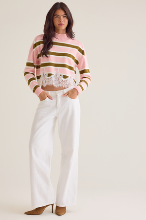 Holli Striped Lace Hem Sweater - Altar'd State - 