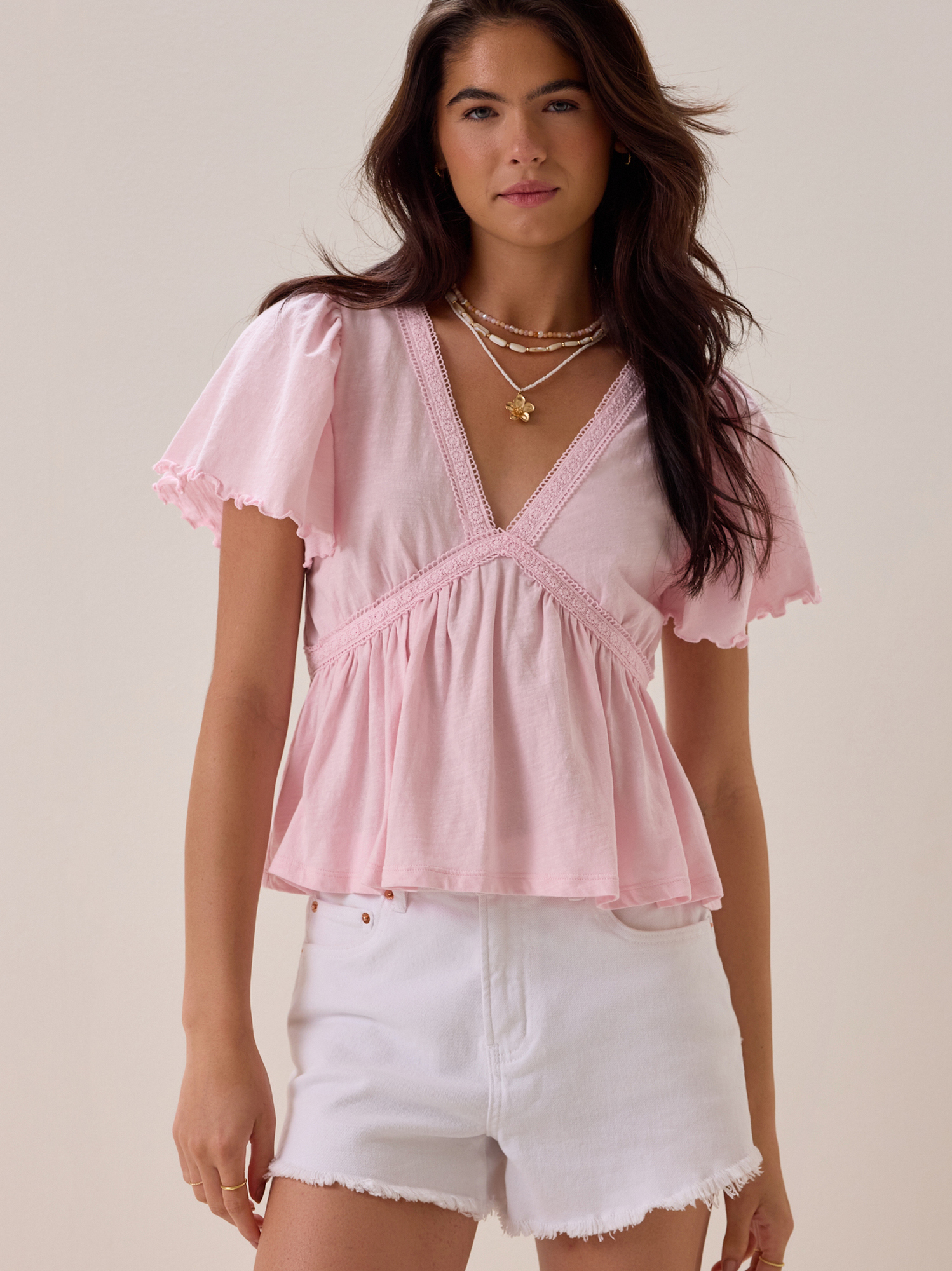 Nia Crochet Babydoll Tee in Light Pink | Altar'd State