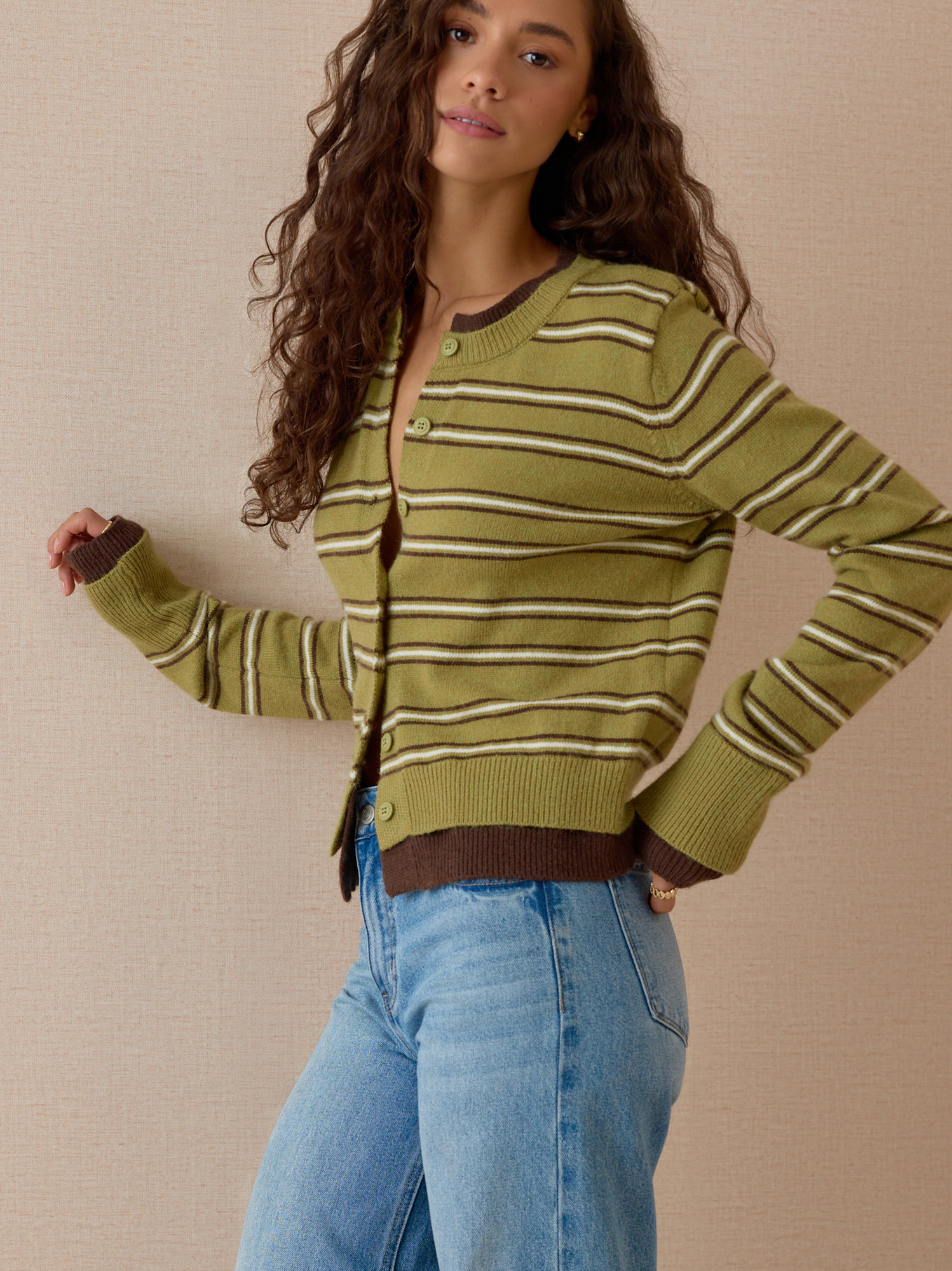 Lennox Stripe Button Up Cardigan in Olive Green | Altar'd State