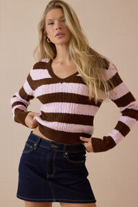 Talia Striped Cable Knit V-Neck Sweater Detail 2 - Altar'd State