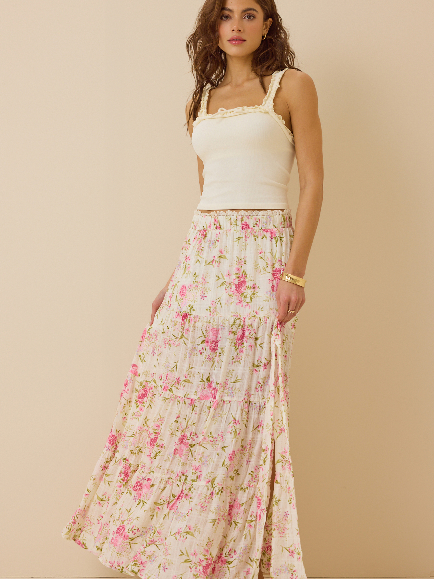 Kelsey Tiered Floral Maxi Skirt in Ivory & Pink | Altar'd State