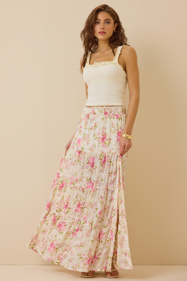 Kelsey Tiered Floral Maxi Skirt in Ivory & Pink | Altar'd State
