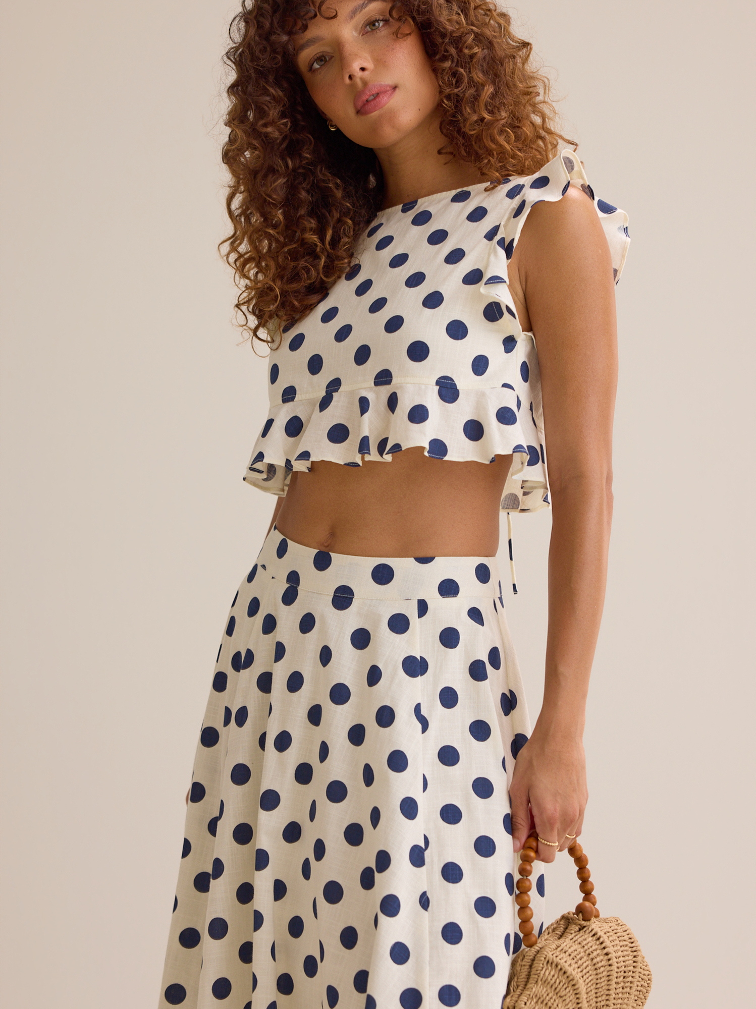 Billie Polka Dot Linen Top in Ivory & Navy | Altar'd State