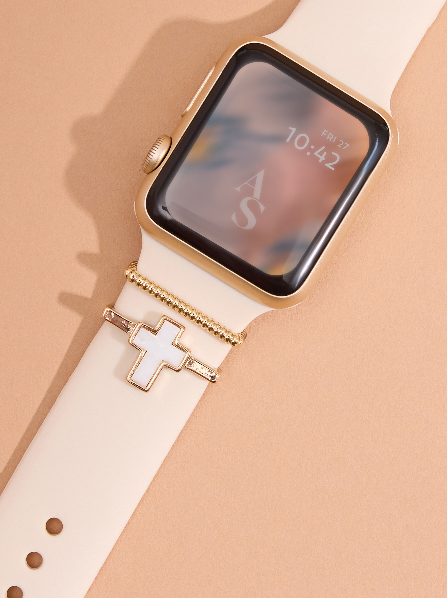 Cross Charm Smart Watch Band in White & Gold | Altar display picture 1