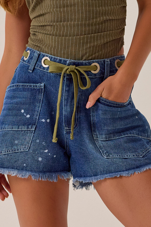 Kenzy Tie Waist Denim Shorts - Altar'd State - 