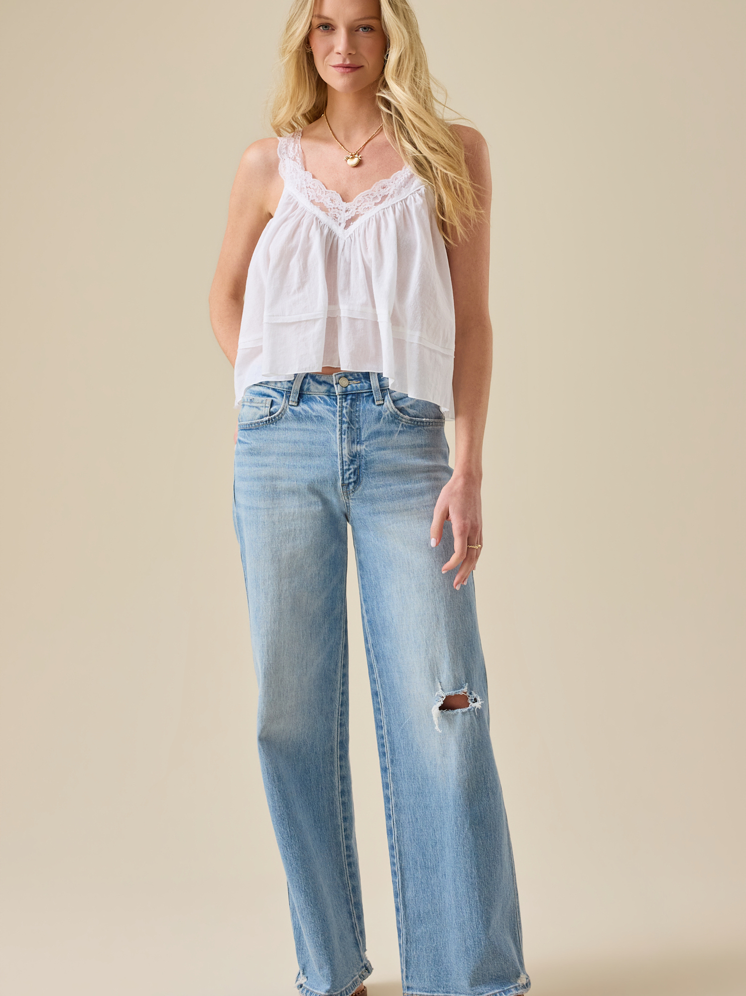 Amelie Lace Trim Tank in White | Altar'd State