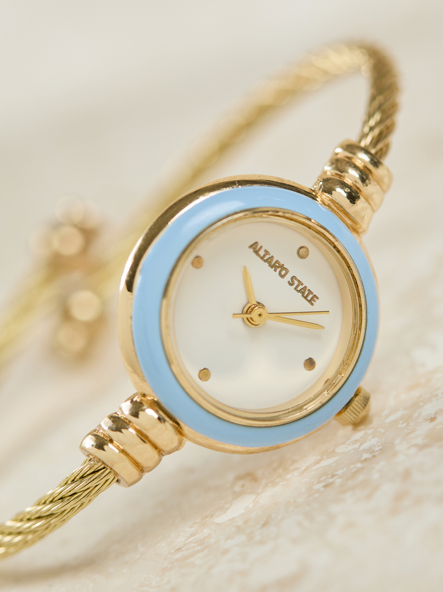 MMA Honeycomb Enamel Bangle Watch Gold Blue White Art Deco Cuff The bracelet is representative of the many exotic themes  main image 4