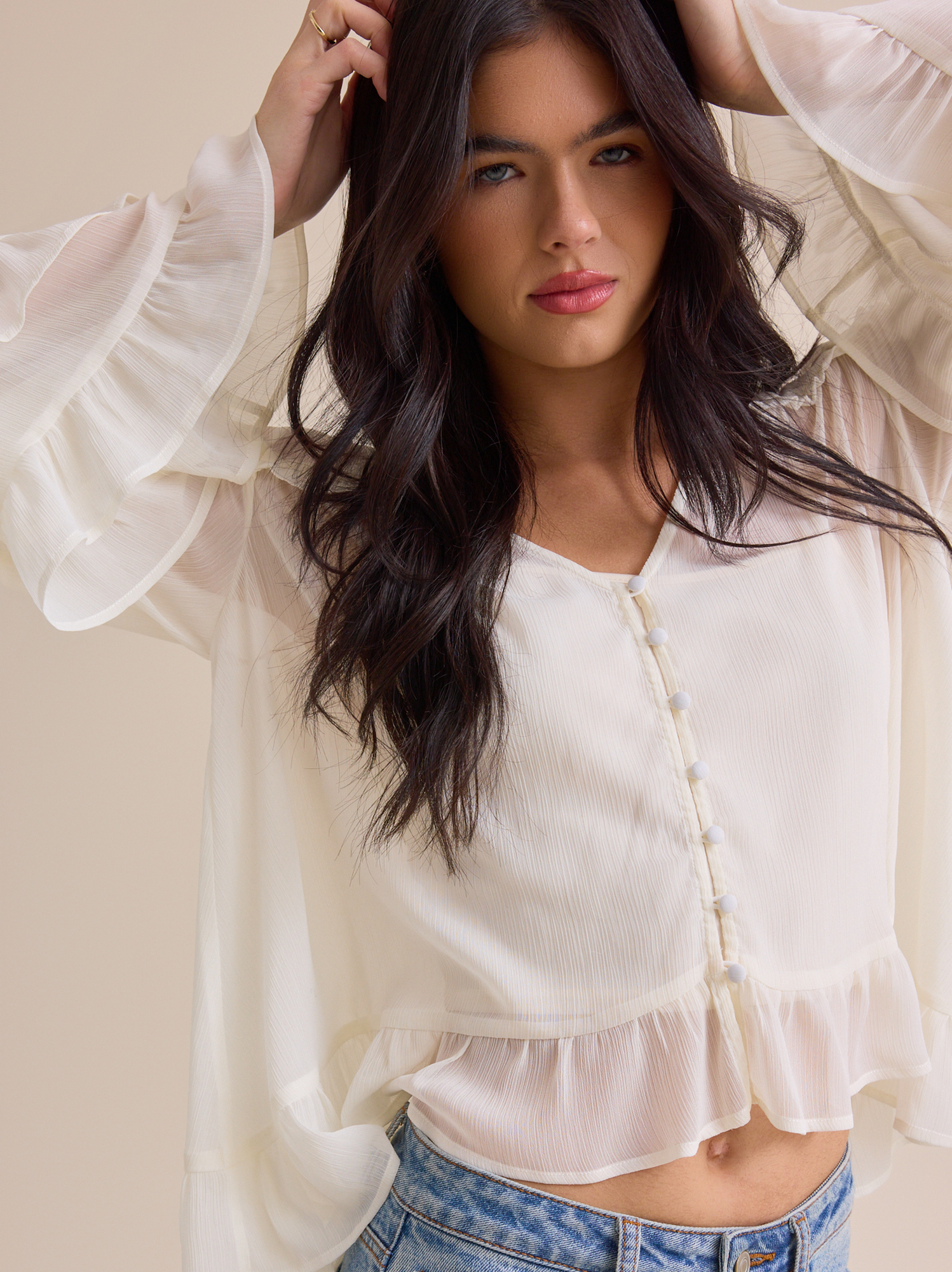 Kariss Chiffon Ruffle Top in White | Altar'd State