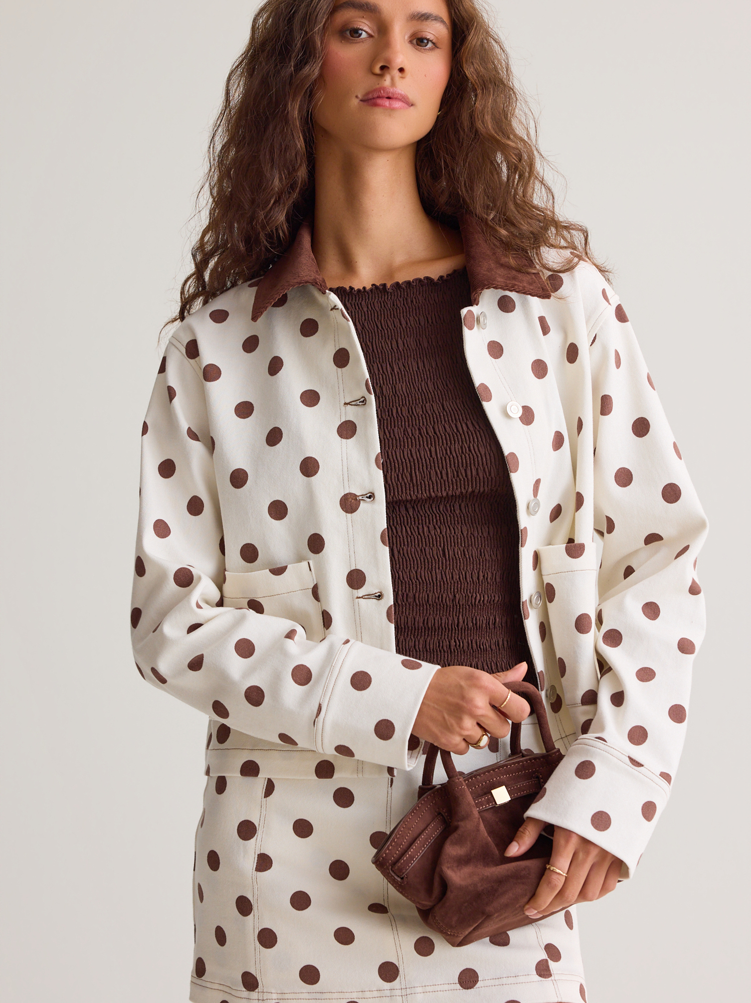 Kaeleigh Polka Dot Jacket in Ivory & Brown | Altar'd State