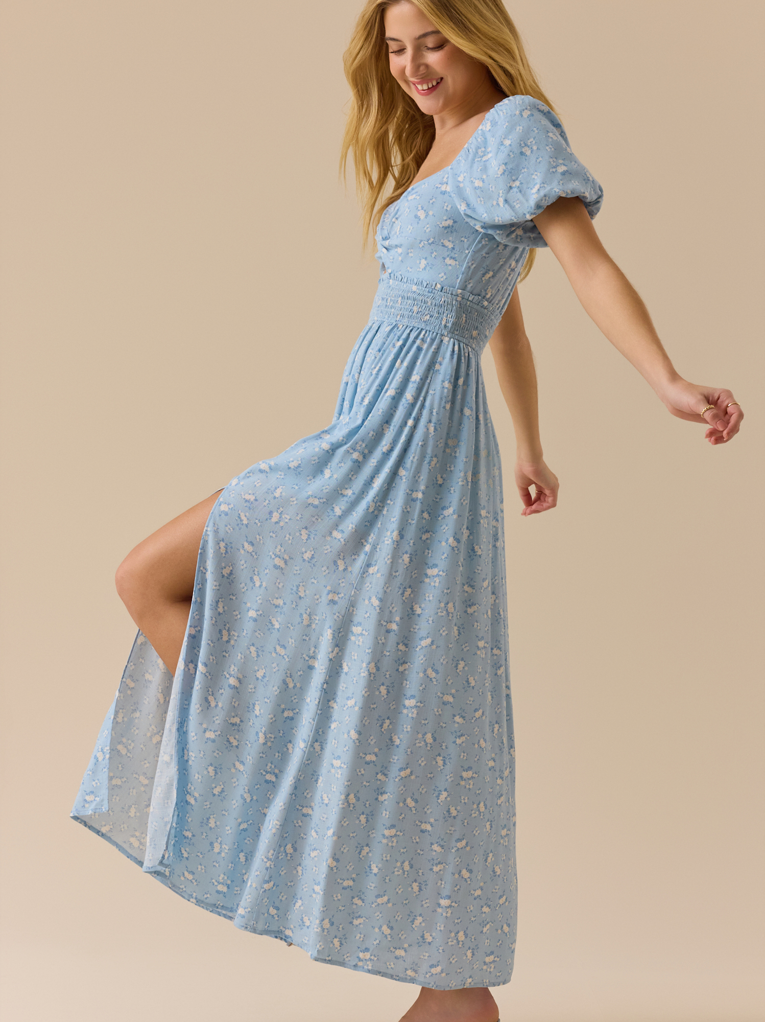 Makayla Puff Sleeve Floral Maxi Dress in Blue and White | Altar'd State