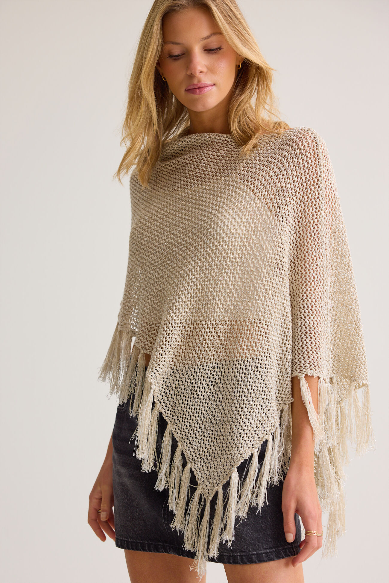 Heather Sequin Fringe Poncho