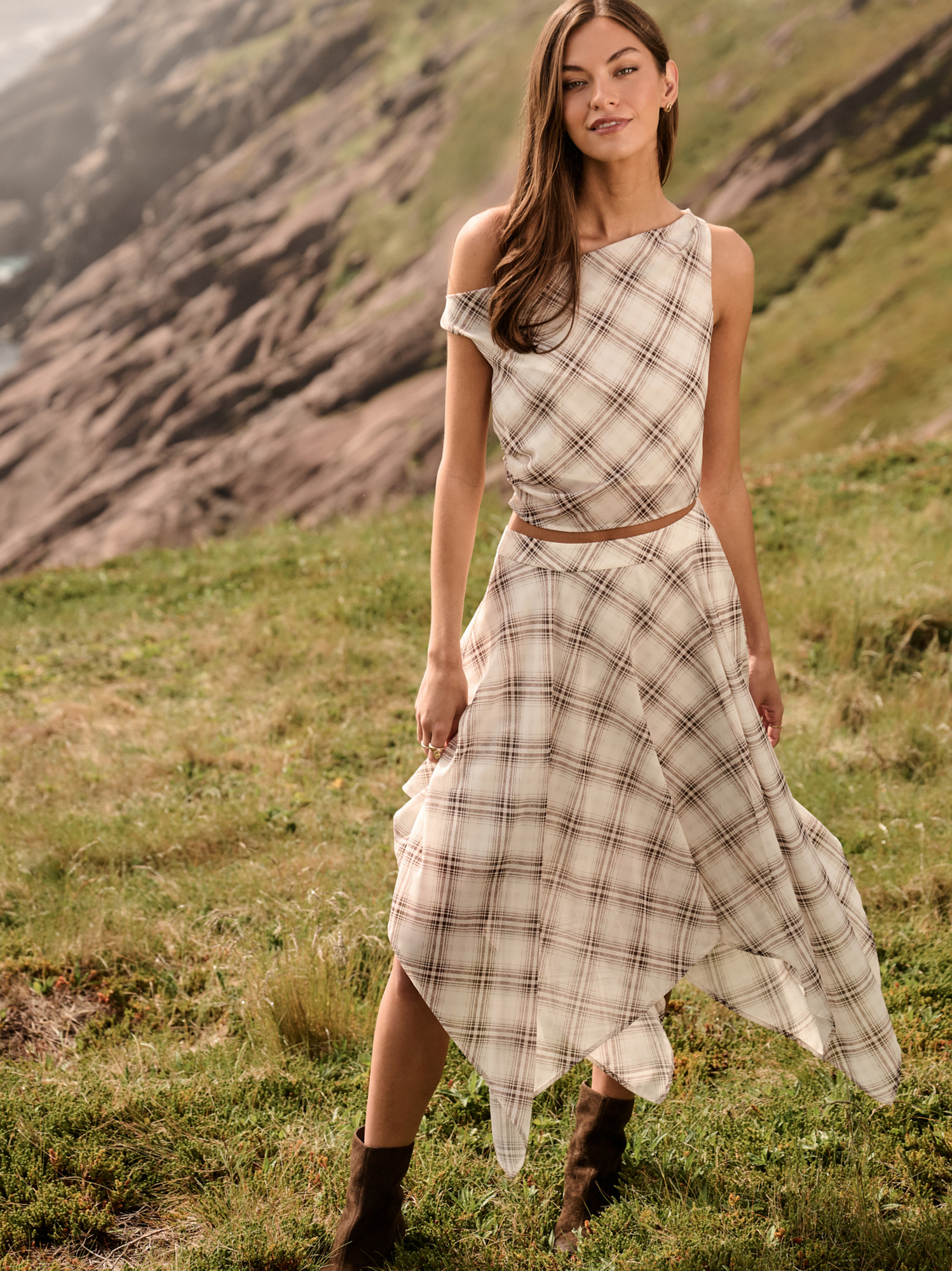 Marin Plaid Handkerchief Midi Skirt in Brown & White | Altar'd State