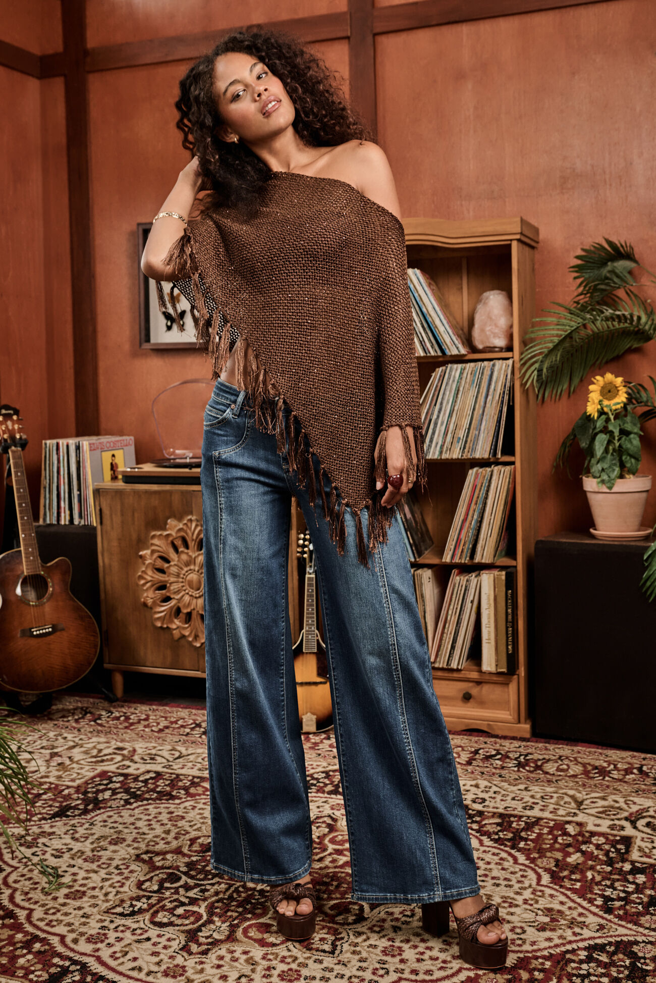 Heather Sequin Fringe Poncho