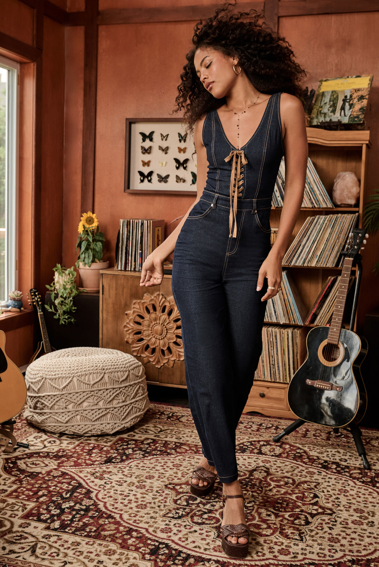 Jana Lace-Up Denim Jumpsuit